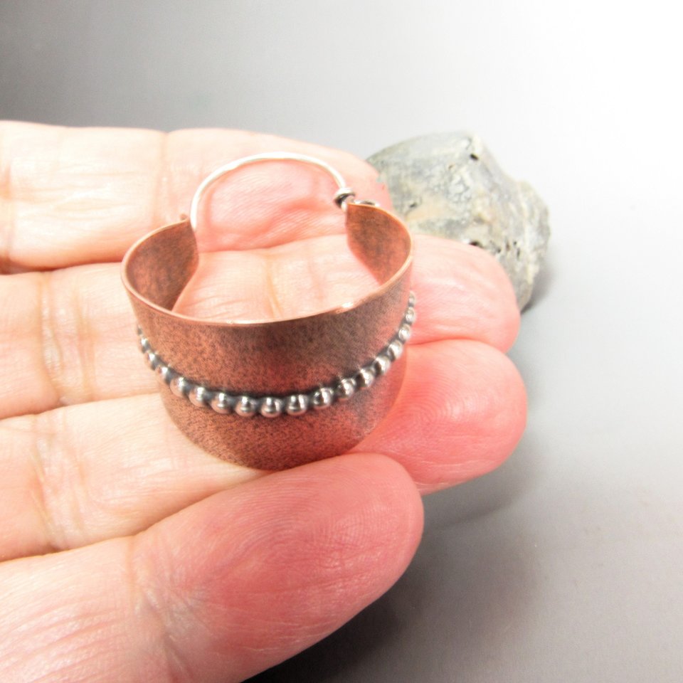 Large Mixed Metal Basket Hoop Earrings, Copper And Sterling Silver, Contemporary Two Tone