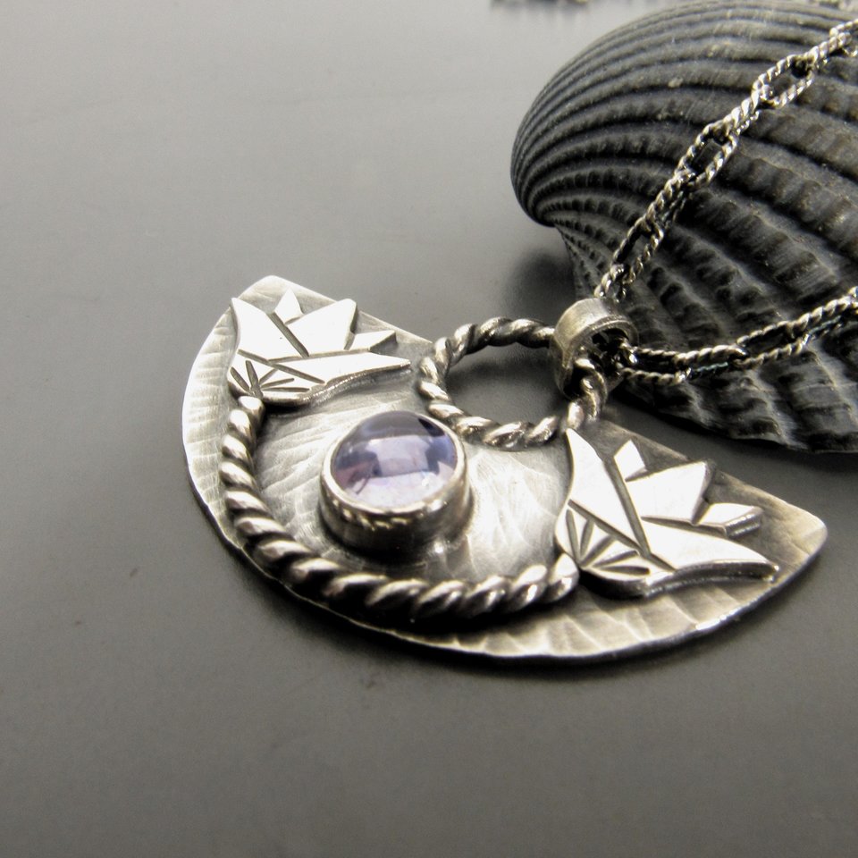 Egyptian Lotus Iolite Necklace In Argentium Sterling Silver