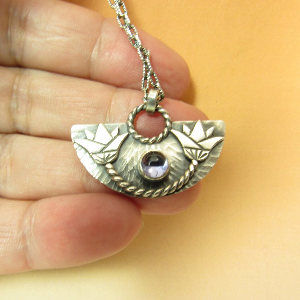 Egyptian Lotus Iolite Necklace In Argentium Sterling Silver