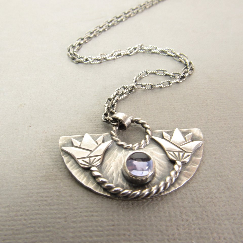 Egyptian Lotus Iolite Necklace In Argentium Sterling Silver