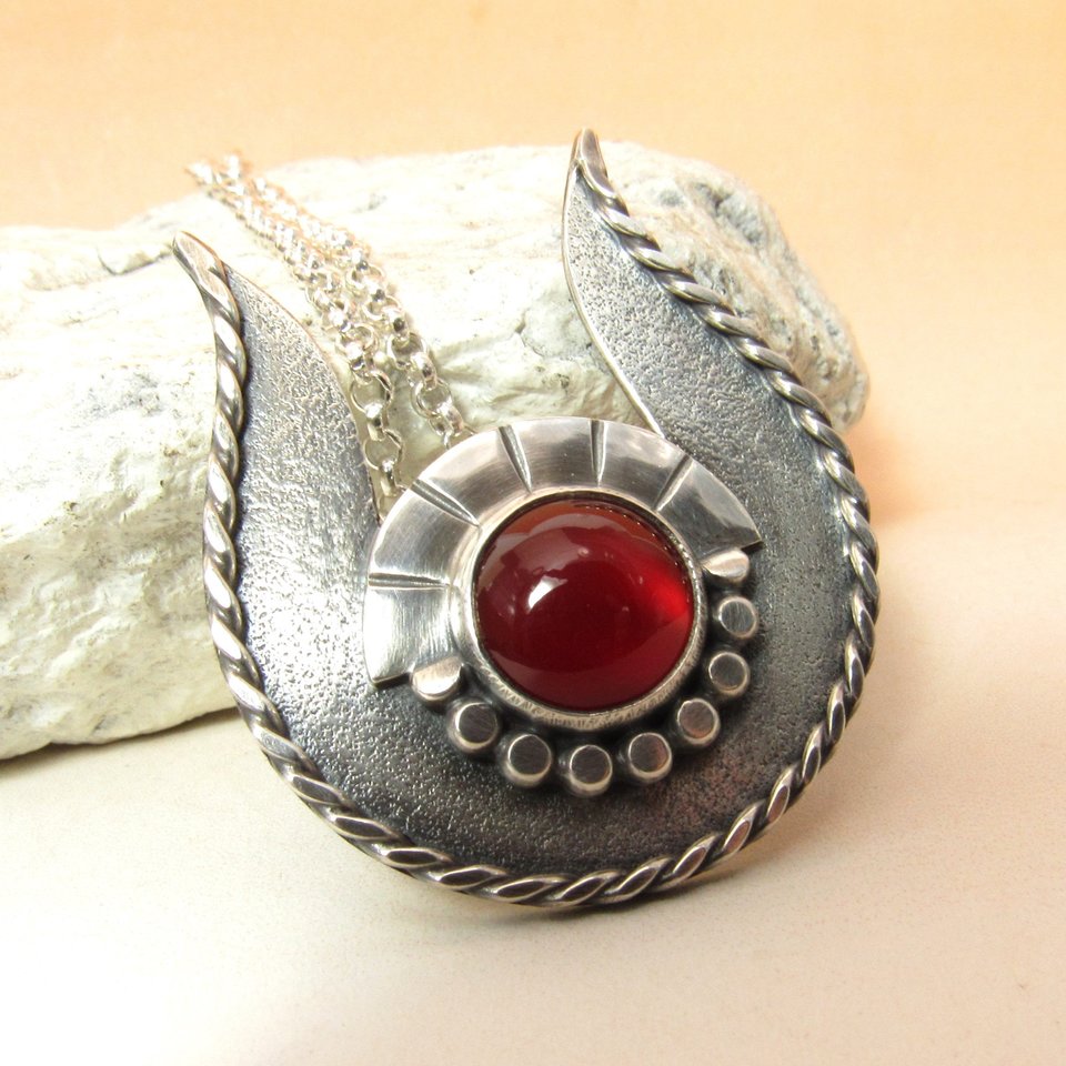 Hathor Necklace, Carnelian And Argentium Sterling Silver, Egyptian Mythology Jewelry