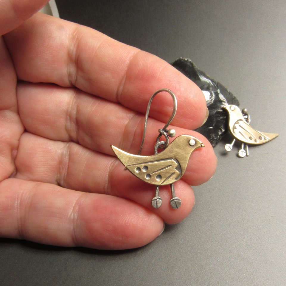 Whimsical Bird Earrings, Bronze and Sterling Silver, Handcrafted Art Jewelry
