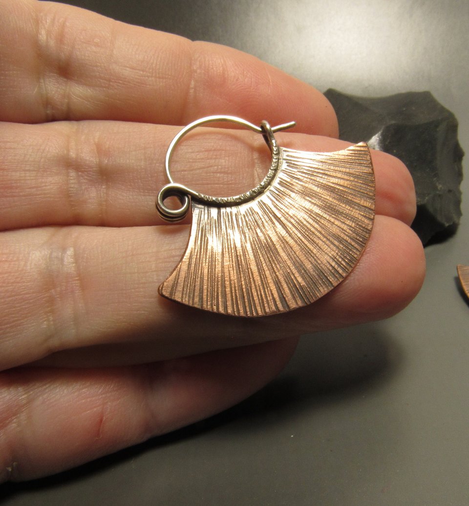 Copper Fan Hoops, Mixed Metal Sterling Silver And Copper Tribal Earrings