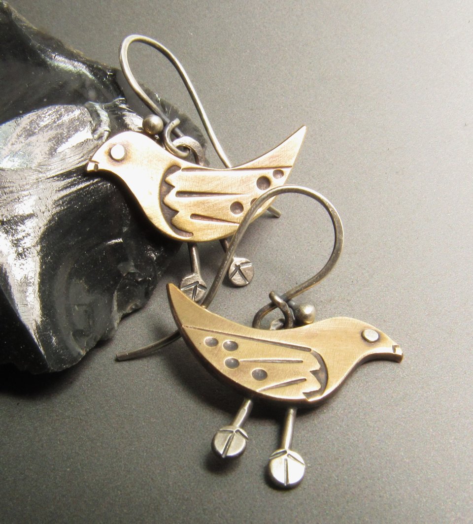 Whimsical Bird Earrings, Bronze and Sterling Silver, Handcrafted Art Jewelry