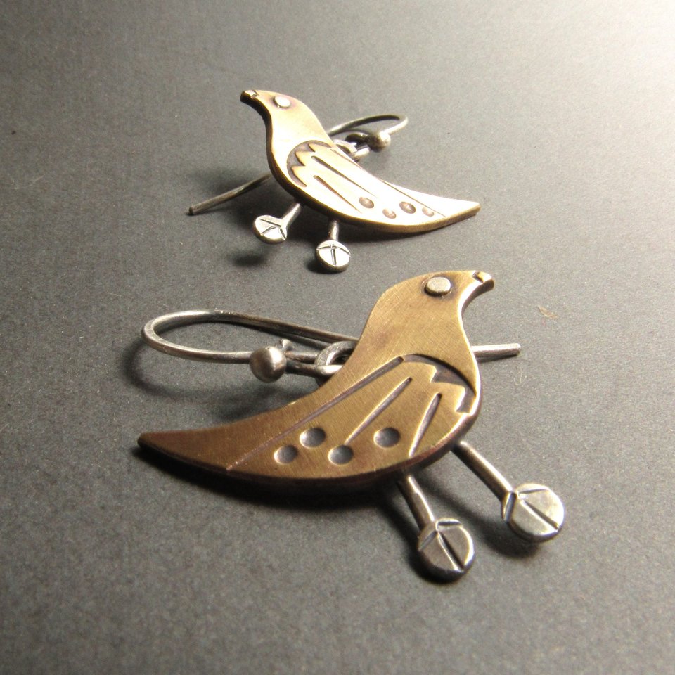 Whimsical Bird Earrings, Bronze and Sterling Silver, Handcrafted Art Jewelry