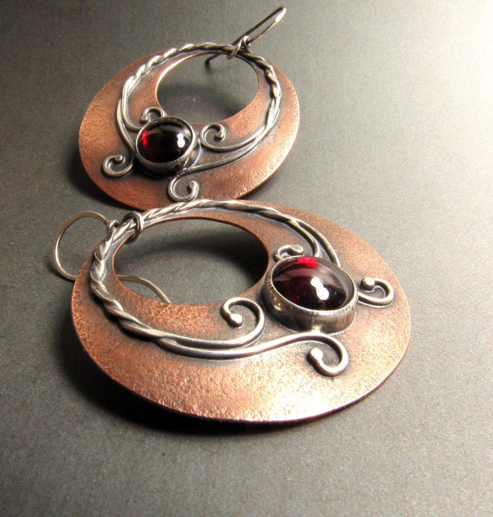 Boho Garnet Earrings, Large Mixed Metal Gypsy Hoops In Copper And Sterling Silver