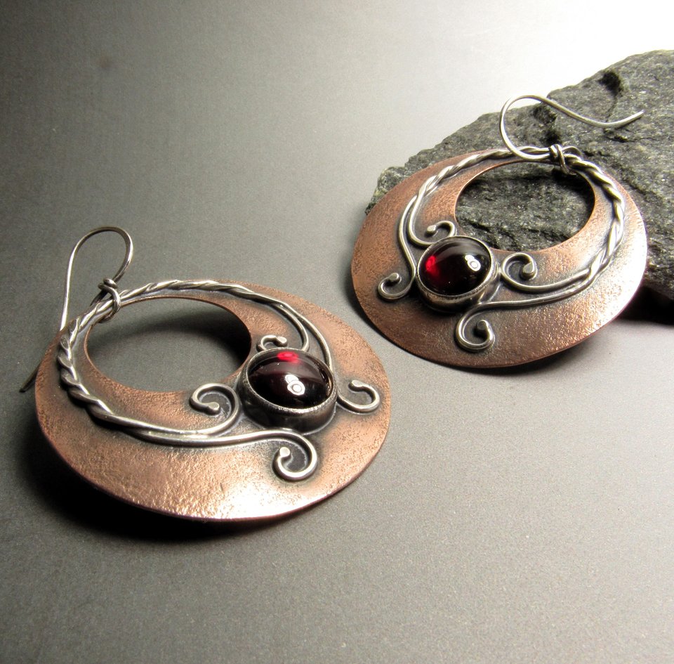 Boho Garnet Earrings, Large Mixed Metal Gypsy Hoops In Copper And Sterling Silver