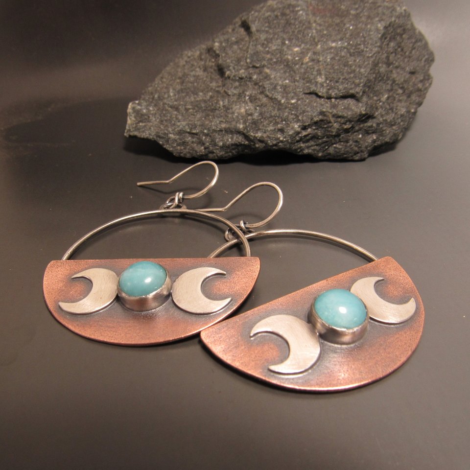 Crescent Moon Triple Goddess Earrings, Mixed Metal Copper, Sterling Silver And Amazonite Earrings