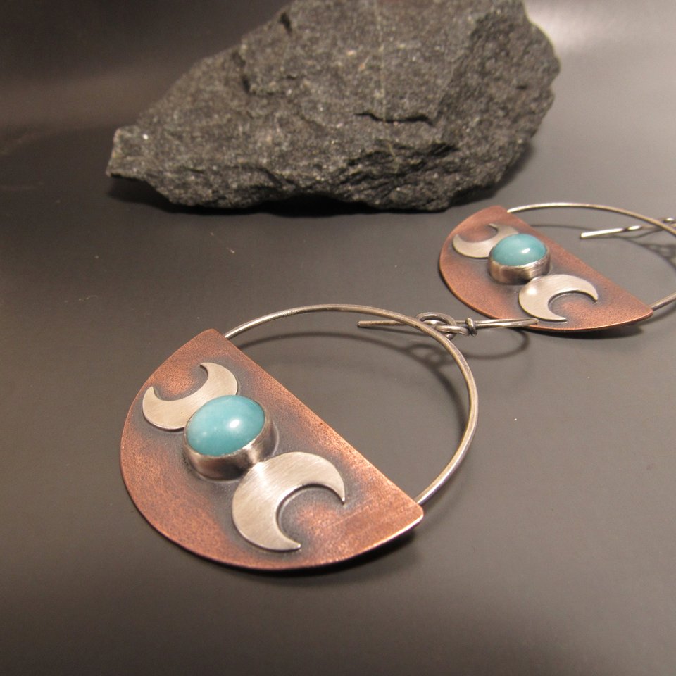Crescent Moon Triple Goddess Earrings, Mixed Metal Copper, Sterling Silver And Amazonite Earrings