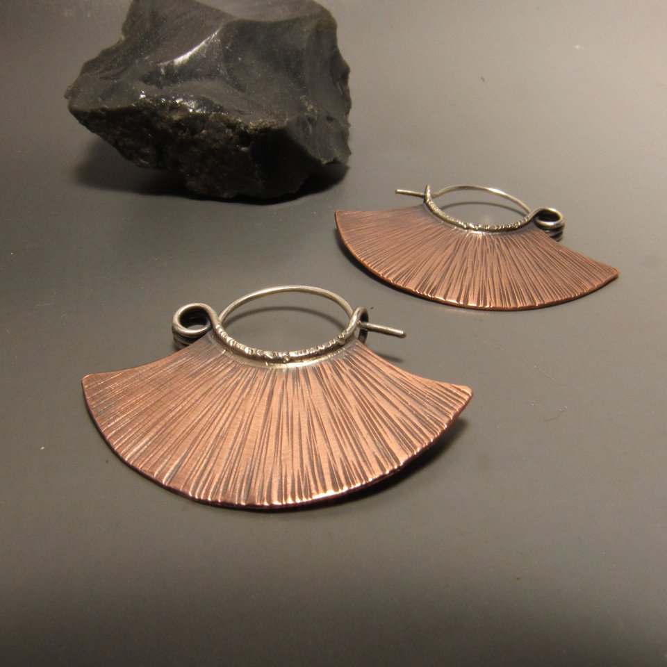 Copper Fan Hoops, Mixed Metal Sterling Silver And Copper Tribal Earrings