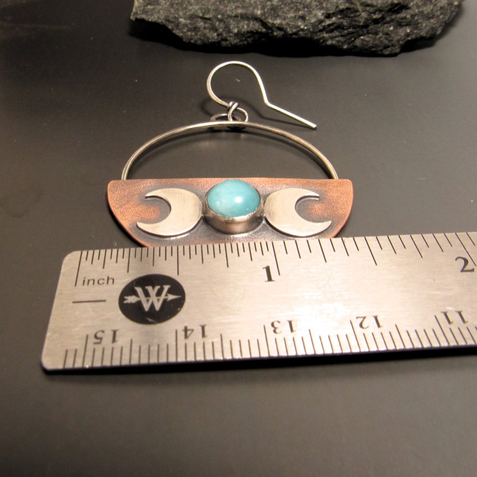 Crescent Moon Triple Goddess Earrings, Mixed Metal Copper, Sterling Silver And Amazonite Earrings