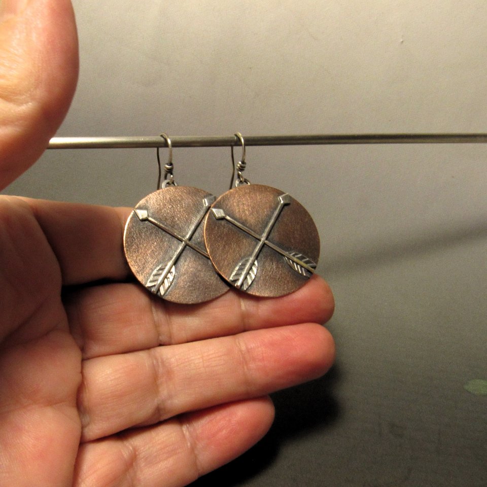 Copper And Silver Mixed Metal Earrings, Friendship Symbol, Disc Shape With Arrows