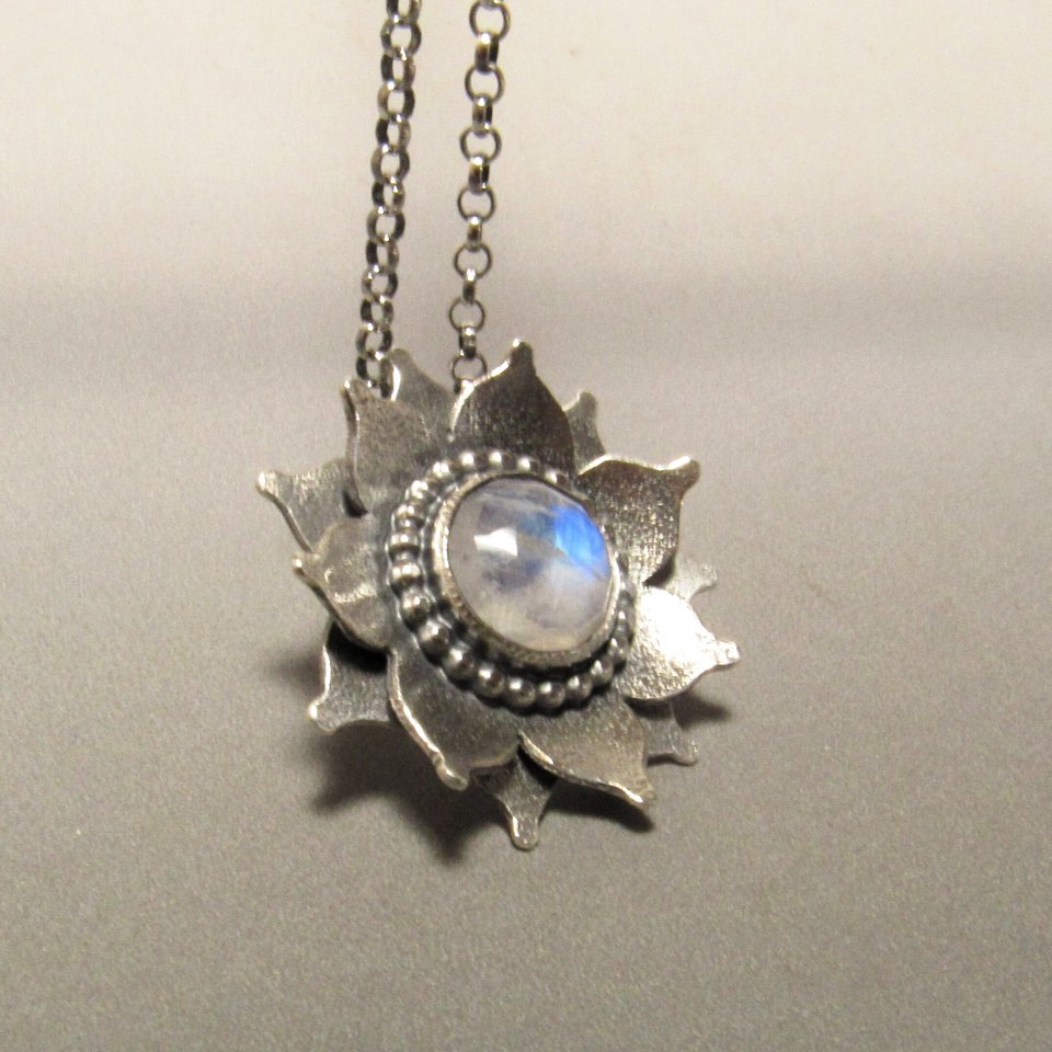 Rainbow Moonstone Lotus Necklace, Argentium Sterling Silver gemstone And Flower Necklace