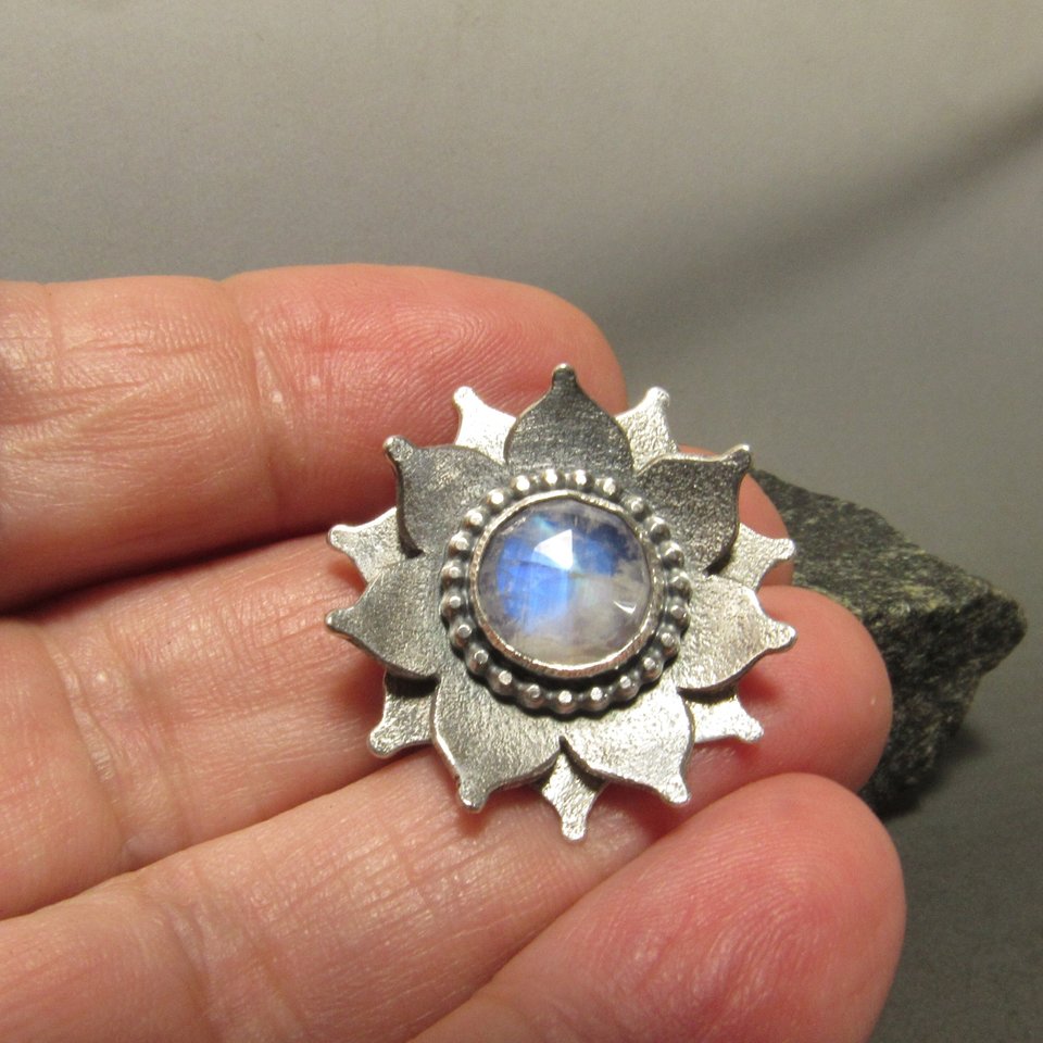 Rainbow Moonstone Lotus Necklace, Argentium Sterling Silver gemstone And Flower Necklace