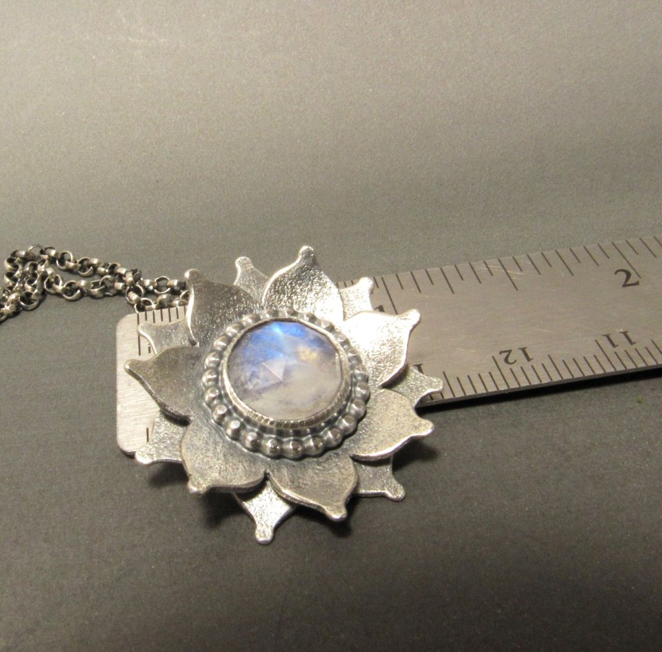Rainbow Moonstone Lotus Necklace, Argentium Sterling Silver gemstone And Flower Necklace