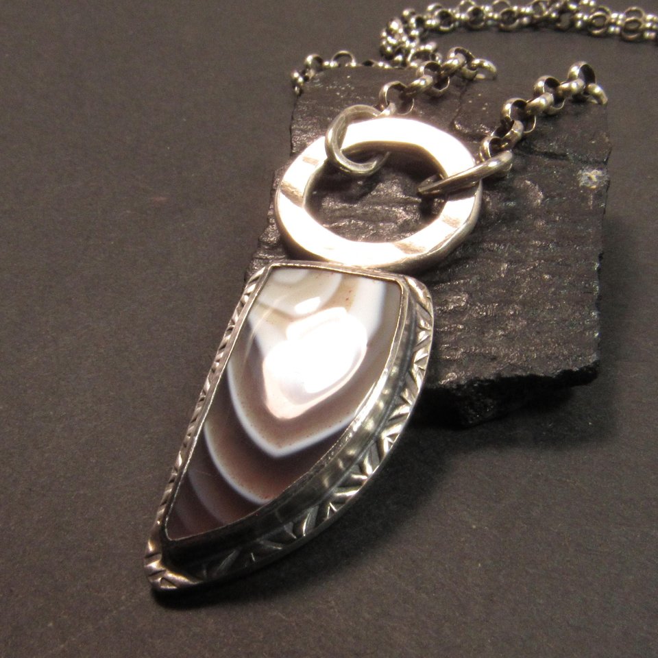 Handcrafted  Botswana Agate Pendant Necklace For Men, Women, Unisex, Argentium Silver Jewelry