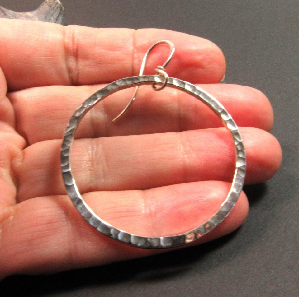 Large Hammered Sterling Silver Dangle Hoop Earrings, Loops, Statement Earrings, Bright Polished Finish