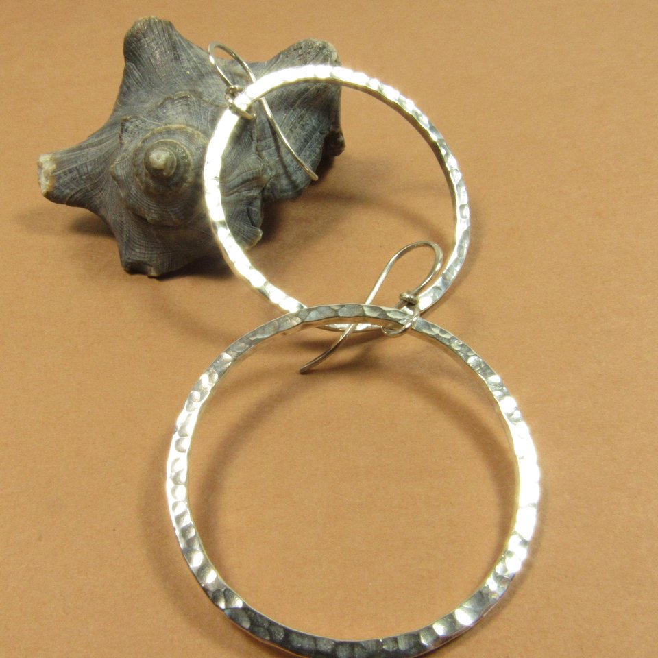 Large Hammered Sterling Silver Dangle Hoop Earrings, Loops, Statement Earrings, Bright Polished Finish