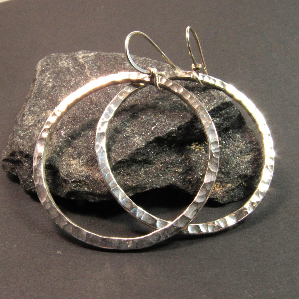 Large Hammered Sterling Silver Dangle Hoop Earrings, Loops, Statement Earrings, Bright Polished Finish