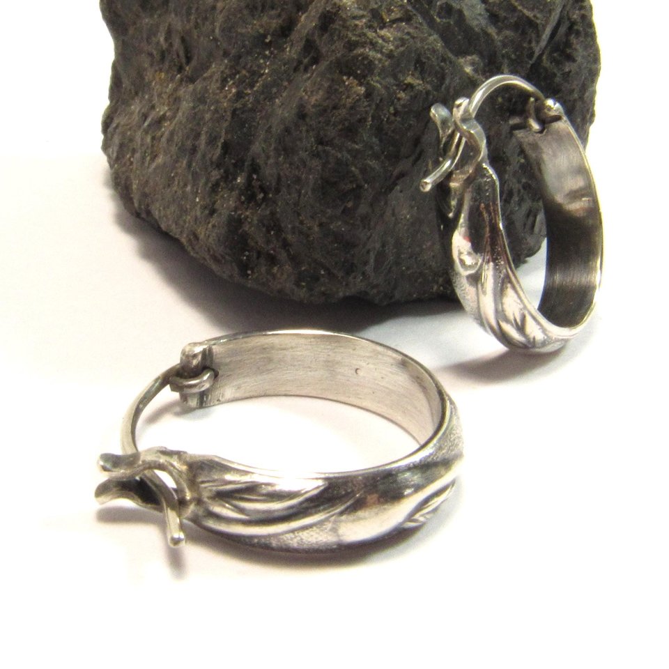 Small Sterling Silver Hoop Earrings, Swirl Design, Latching Clasp