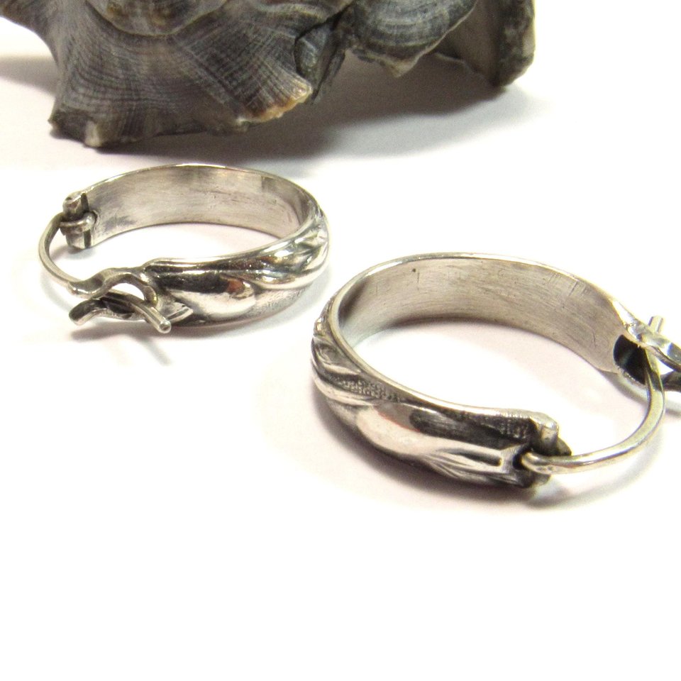 Small Sterling Silver Hoop Earrings, Swirl Design, Latching Clasp