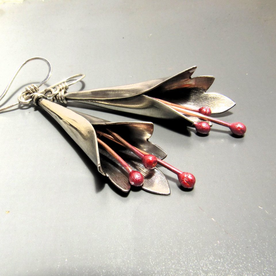 Large Mixed Metal Flower Earrings – Argentium Sterling Silver & Flame-Reddened Copper
