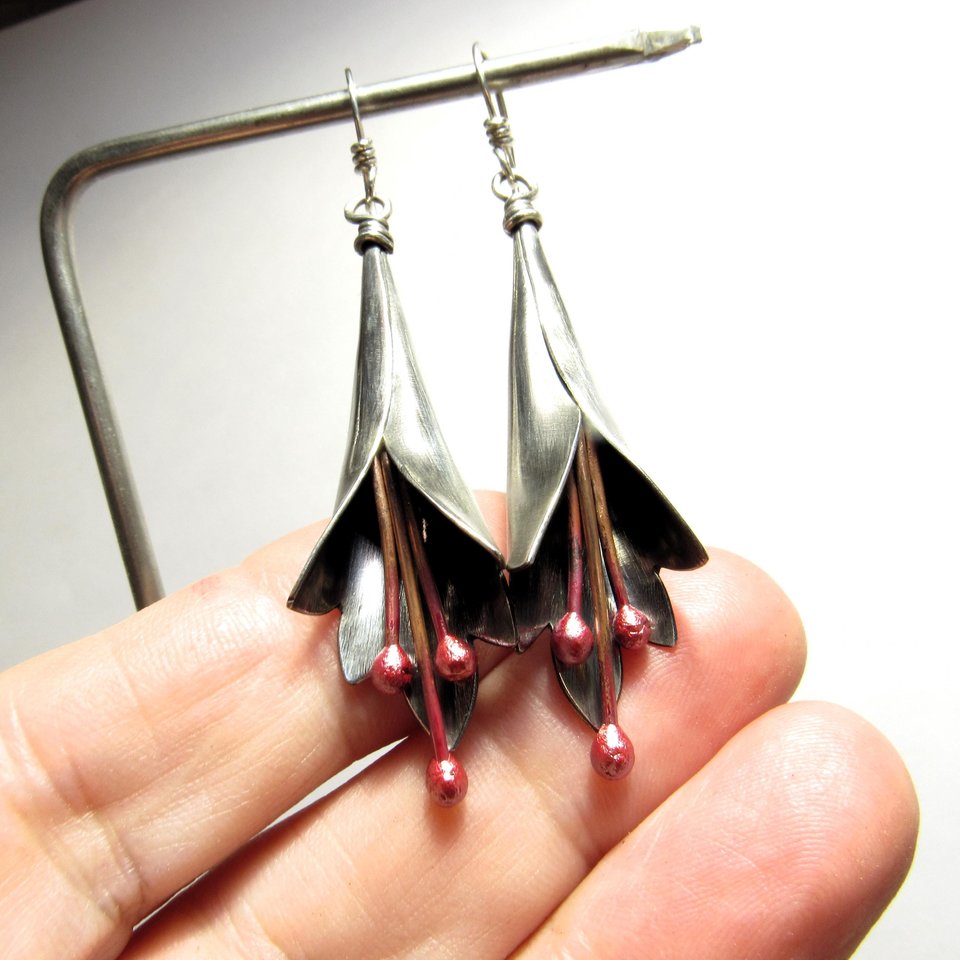 Large Mixed Metal Flower Earrings – Argentium Sterling Silver & Flame-Reddened Copper