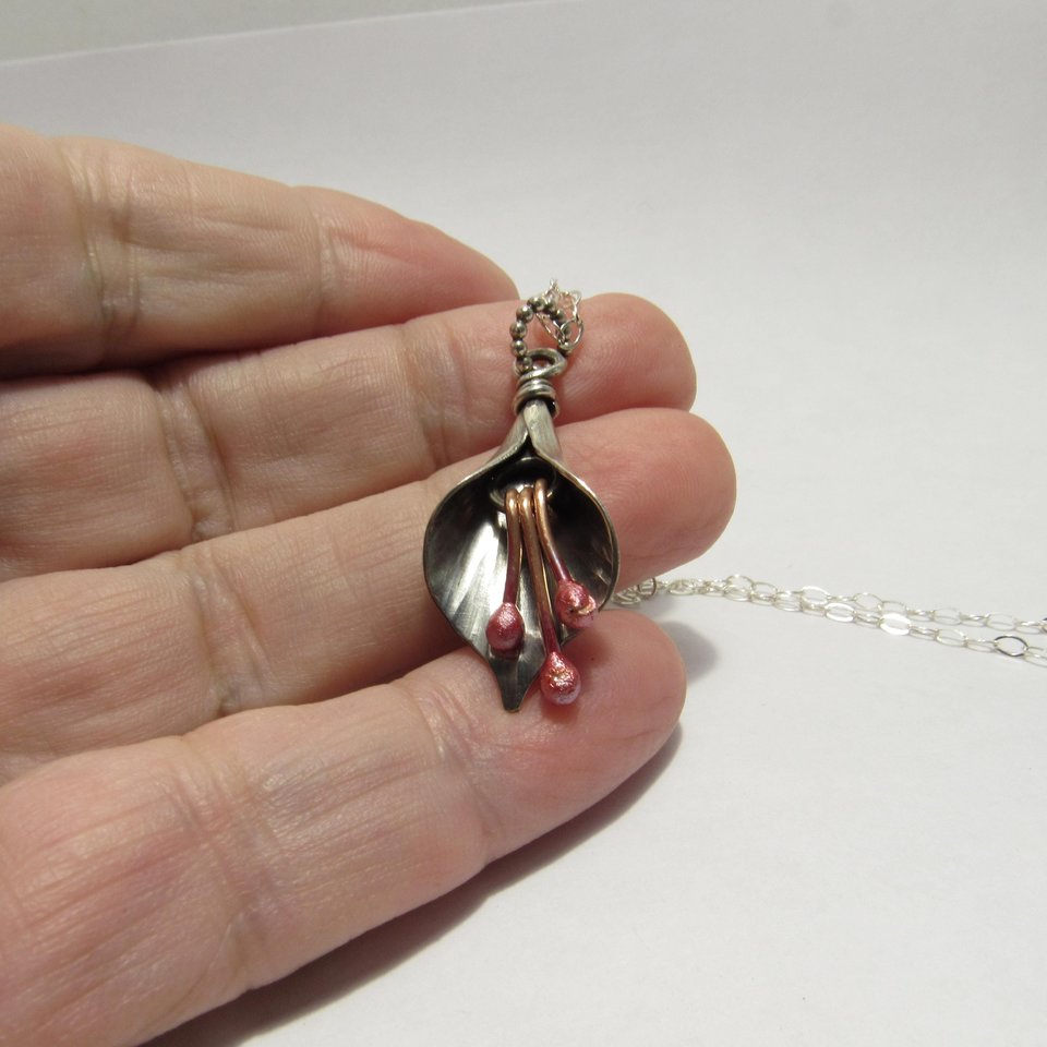 Handmade Sterling Silver Lily Necklace, Flower Jewelry, Red Copper Stamens