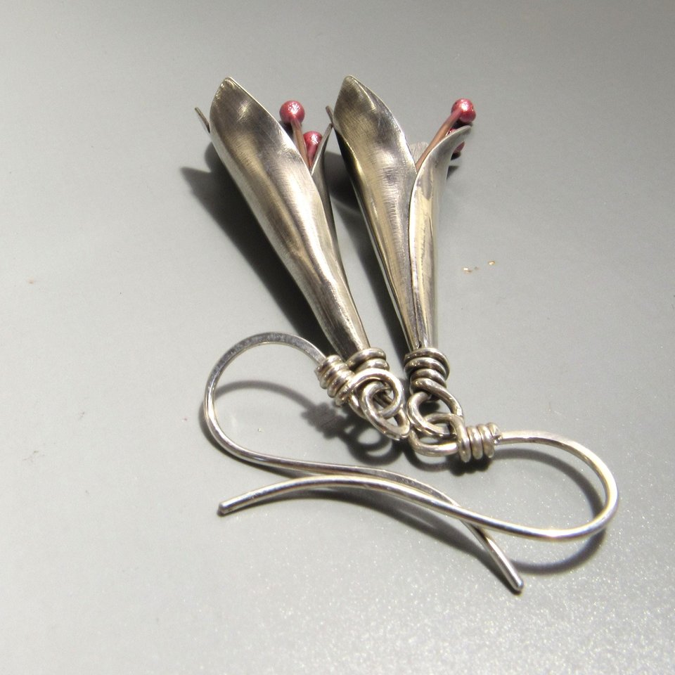 Large Mixed Metal Flower Earrings – Argentium Sterling Silver & Flame-Reddened Copper