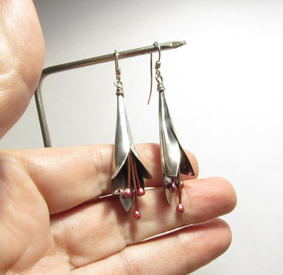 Large Mixed Metal Flower Earrings – Argentium Sterling Silver & Flame-Reddened Copper