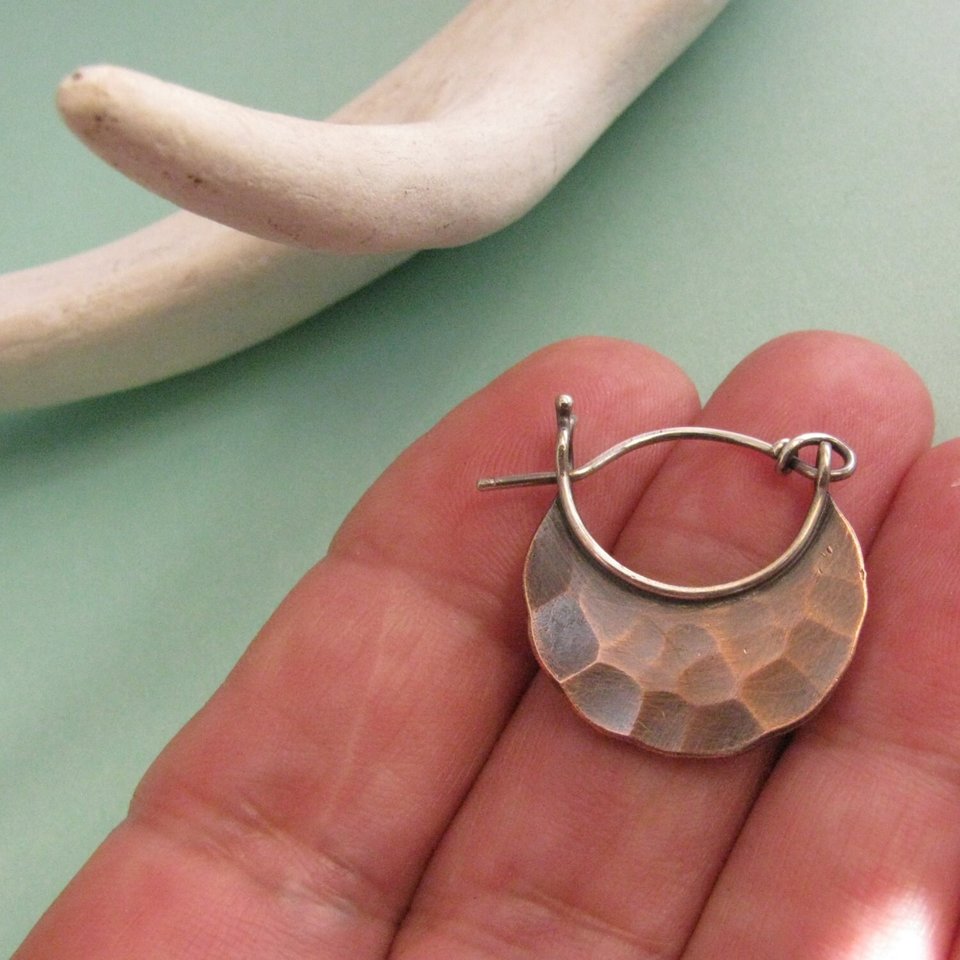 Small Copper Earrings, Forged Hammer Texture, Copper Hoops, Contemporary Metalsmith Design
