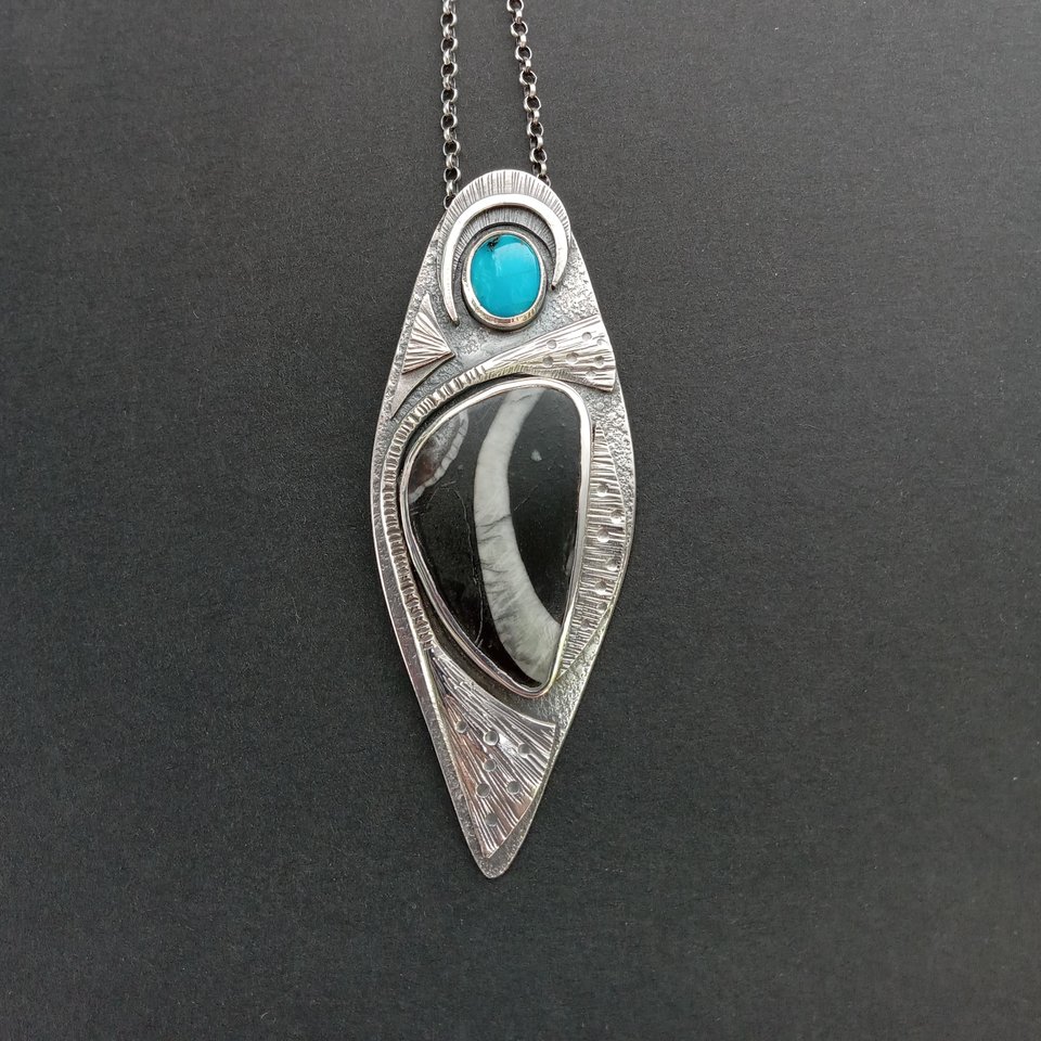 unique argentium sterling pendant with fossil and turquoise with 18 inch chain