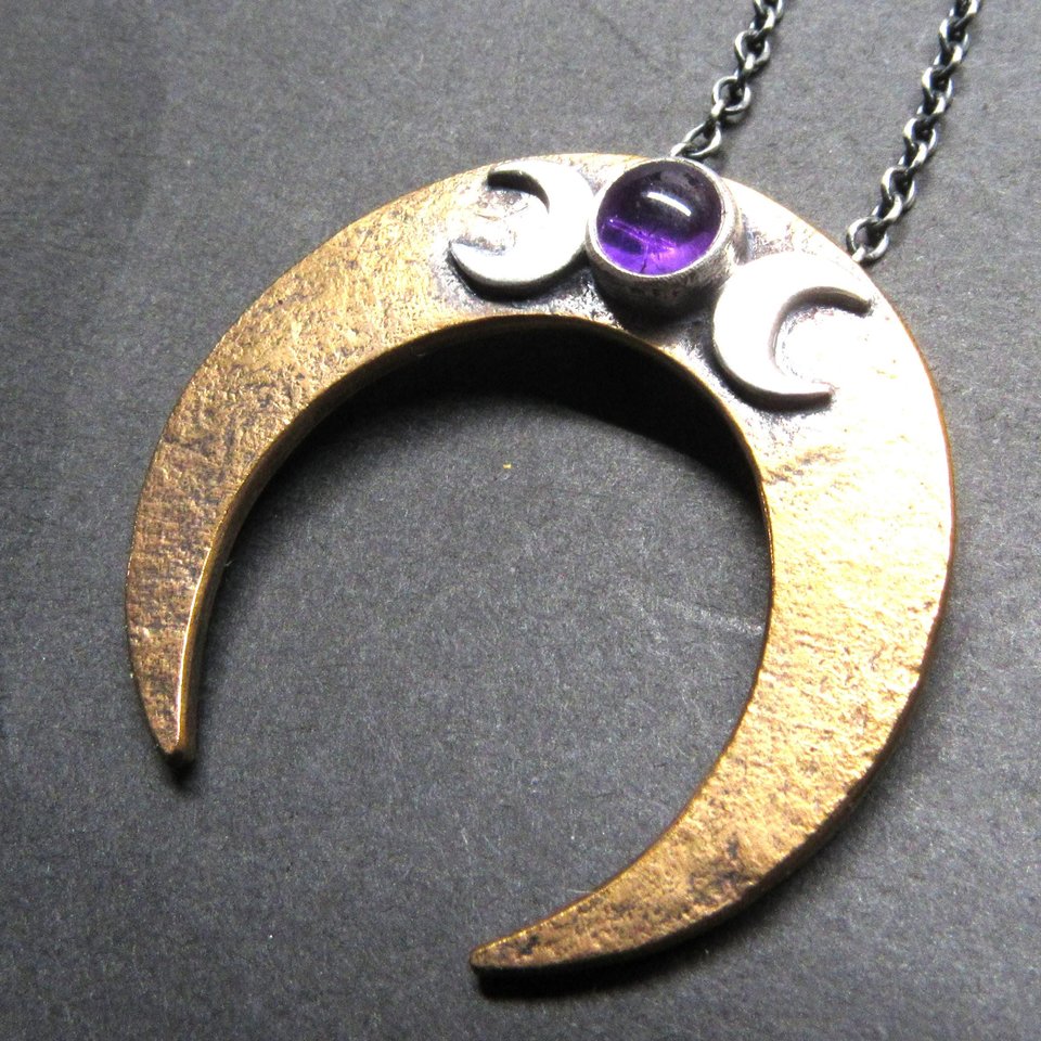 Argentium, Bronze & Amethyst Moon Necklace, Upside Down Crescent