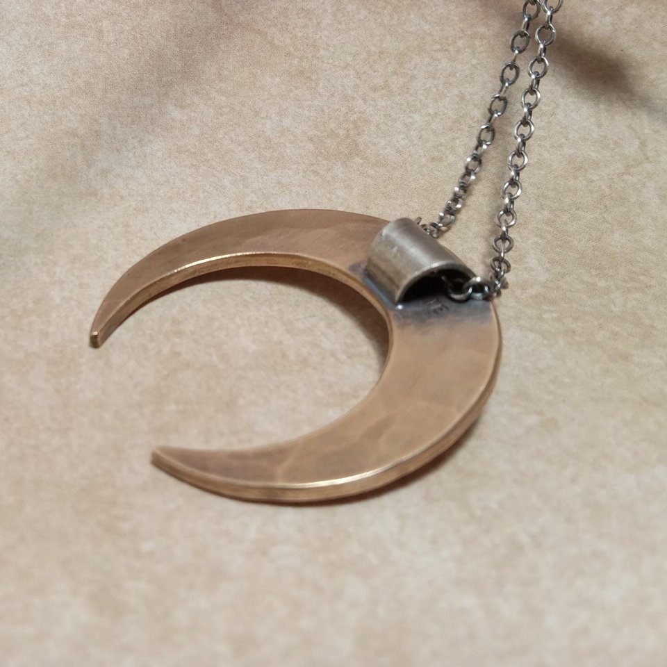 Argentium, Bronze & Amethyst Moon Necklace, Upside Down Crescent