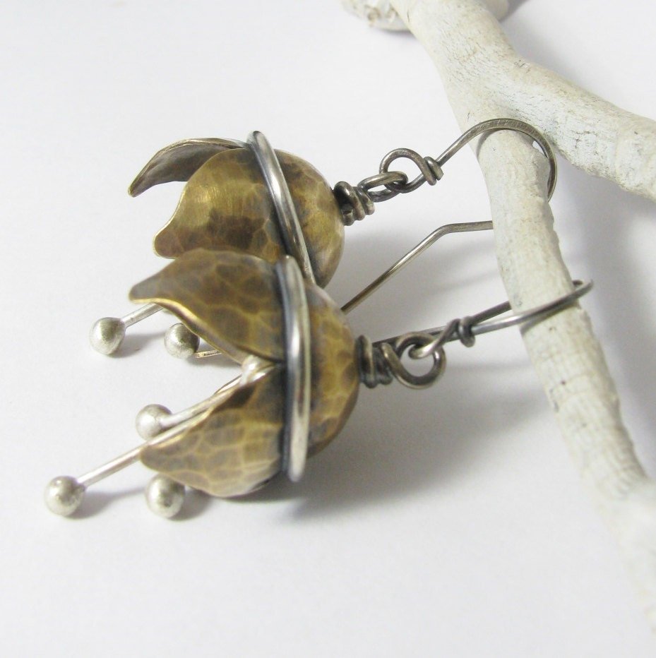 Mixed Metal Bell Flower Earrings, Sterling Silver, Bronze, Artisan Jewelry