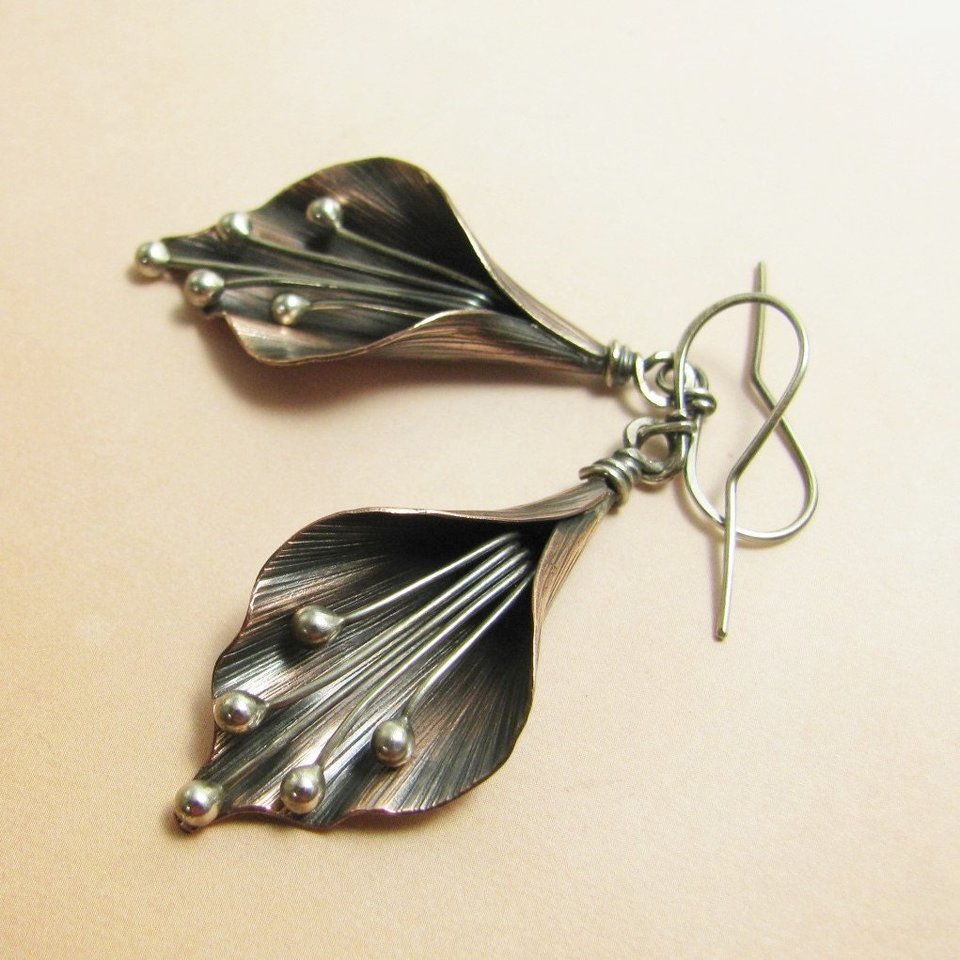 Handcrafted Lily Flower Earrings, Copper and Argentium Sterling Silver