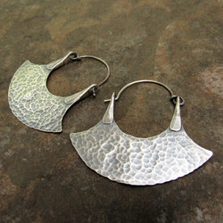 Rustic large tribal blade hoop earrings r are powerful and beautiful handcrafted from argentium silver and hammer forged. Oxidized and brushed.  1 and 7/8 inch from top of ear wire and are 1 and 7/8 inch wide. Lightweight for all their size.