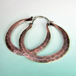 Hammered Copper Hoop Earrings, Sterling Silver Wires, Boho Rio Style