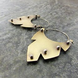 Geometric Feather Earrings, Mixed Metal Brass And Silver Tribal Hoops, Southwestern Statement Jewelry