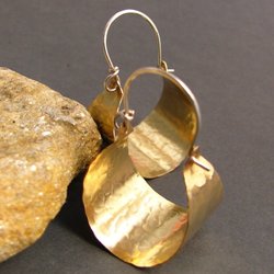 Hammered Brass Hoop Earrings, Sterling Silver Ear Wire