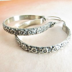 Large Sterling Silver Hoop Earrings, Romantic Rose Floral Metalwork