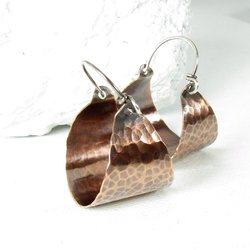 Hammered Copper Basket Hoop Earrings, Rustic Sterling Silver Wires