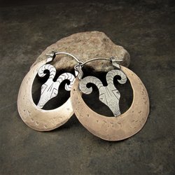 Rams Head Earrings, Large Silver And Bronze Exotic Statement Earrings,  Aries, Mixed Metal Design