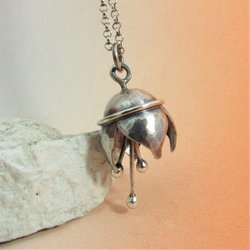 Sterling silver tinkling bell flower necklace with hammered finish, sturdy sterling silver rolo chain measures 20 inches and is finished with our handmade hook and findings, Bell flower is 1.25 inch from top of pendant to longest stamen x .75 wide.
