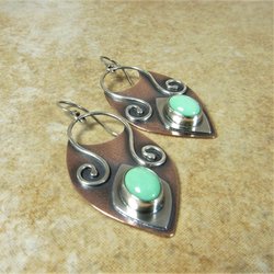 Mint Variscite Copper Sterling Silver Earrings, Boho Mixed Metal Jewelry