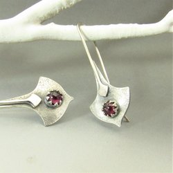 Argentium Silver And Garnet Earrings, Tribal Style Modern Metalsmith Jewelry