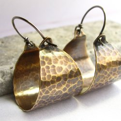 Rich texture classic basket style hoops in hammered bronze with SS ear wires Extensive hammered texture and a rich antique patina give these depth, beauty,  1 inch wide  x 1.5 tall, lightweight,  metalsmith jewelry, bohemian flair, Mocahete studio.