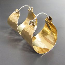 Golden Hammered Brass And Sterling Silver Basket Hoop Earrings