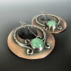 Mixed Metal, Copper And Sterling Silver Green Adventurine Earrings, Large Exotic Earrings