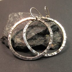 Large Hammered Sterling Silver Dangle Hoop Earrings, Loops, Statement Earrings, Bright Polished Finish